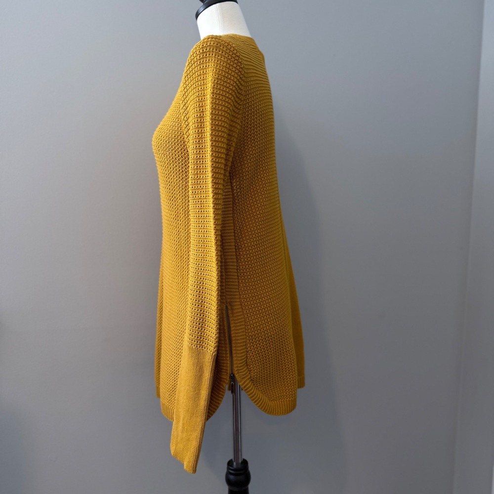 Mustard Yellow Textured Knit Crew Neck Long Sleeve Zipper Detail Sweater Top S - Picture 13 of 15